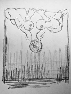 a pencil drawing abstract. Two figures point to a embryo and the voide opens up beneth them all